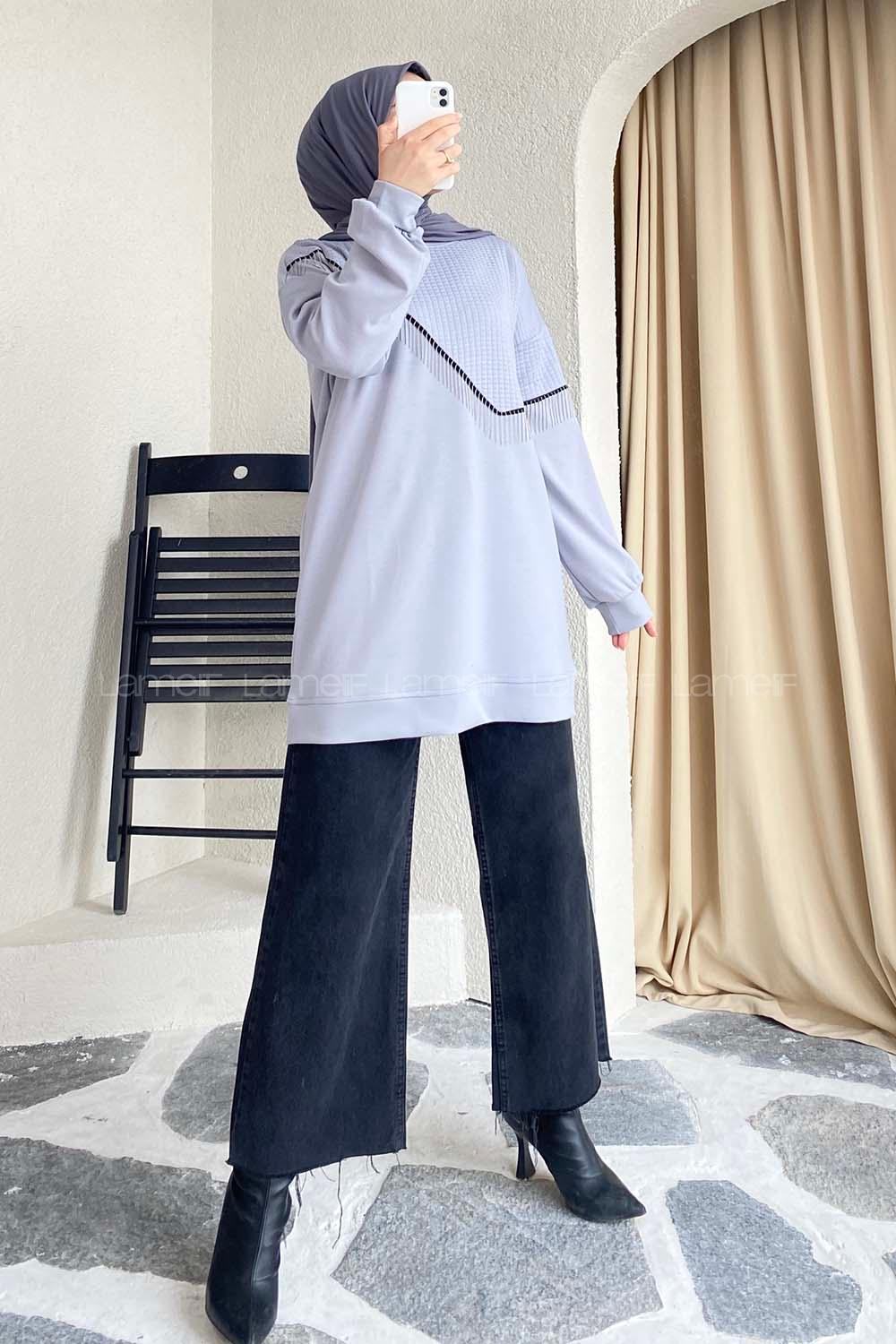 Modalamelif Bisiklet Yaka Püsküllü Kapitone Sweat Gri