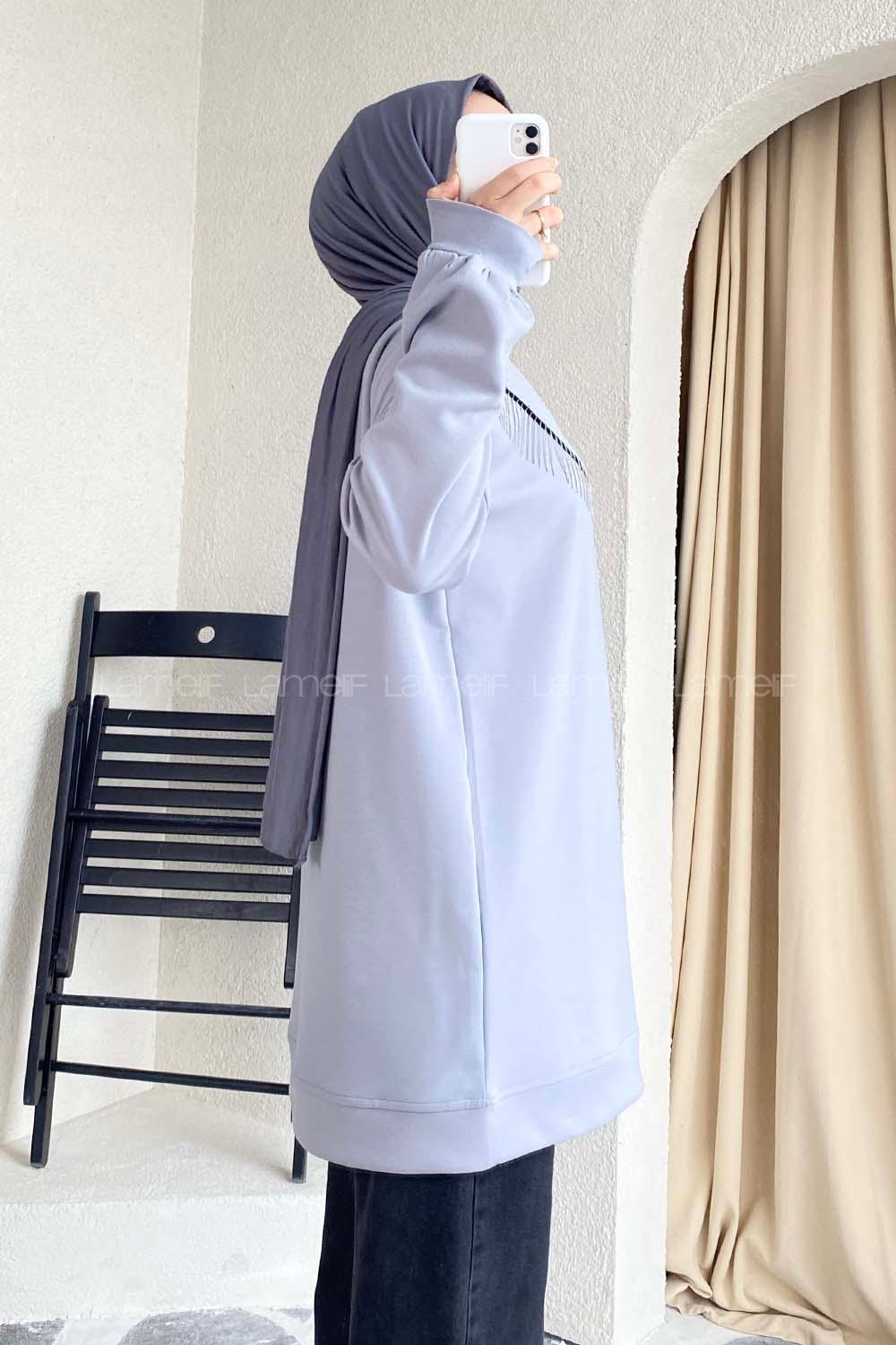 Modalamelif Bisiklet Yaka Püsküllü Kapitone Sweat Gri