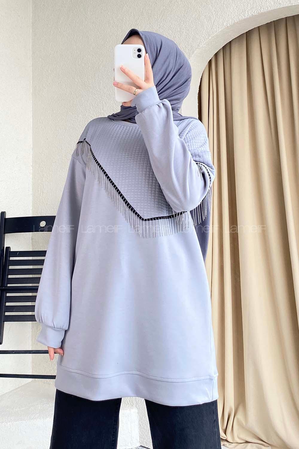 Modalamelif Bisiklet Yaka Püsküllü Kapitone Sweat Gri