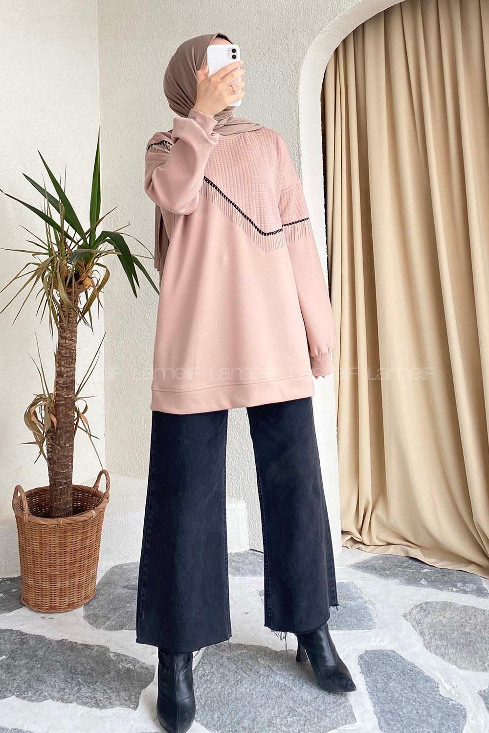 Modalamelif Bisiklet Yaka Püsküllü Kapitone Sweat Sütlükahve