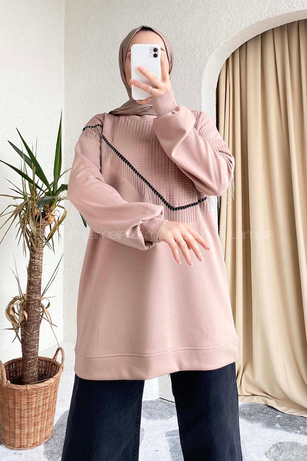 Modalamelif Bisiklet Yaka Püsküllü Kapitone Sweat Sütlükahve