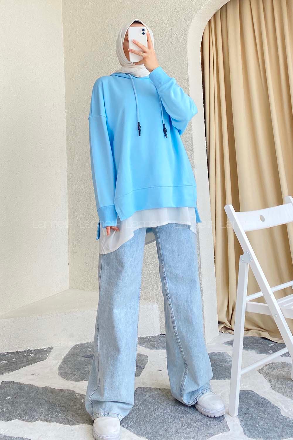 Modalamelif  Etek Ucu Garnili Kapüşon Detaylı Yırtmaçlı Anabelle Sweat Açık Mavi