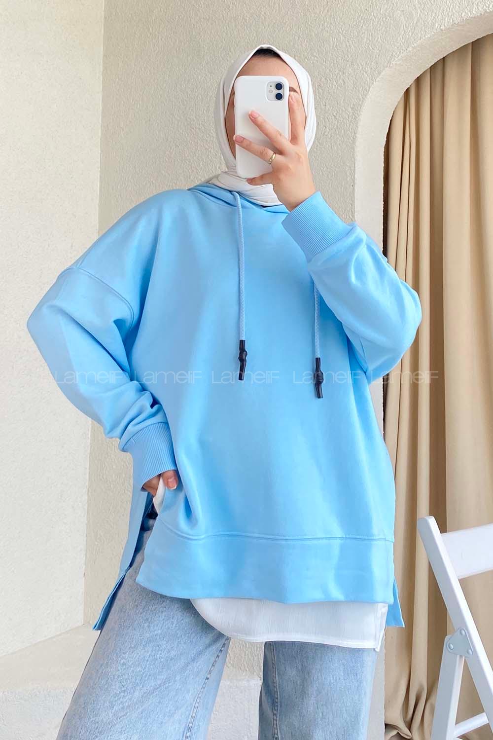 Modalamelif  Etek Ucu Garnili Kapüşon Detaylı Yırtmaçlı Anabelle Sweat Açık Mavi