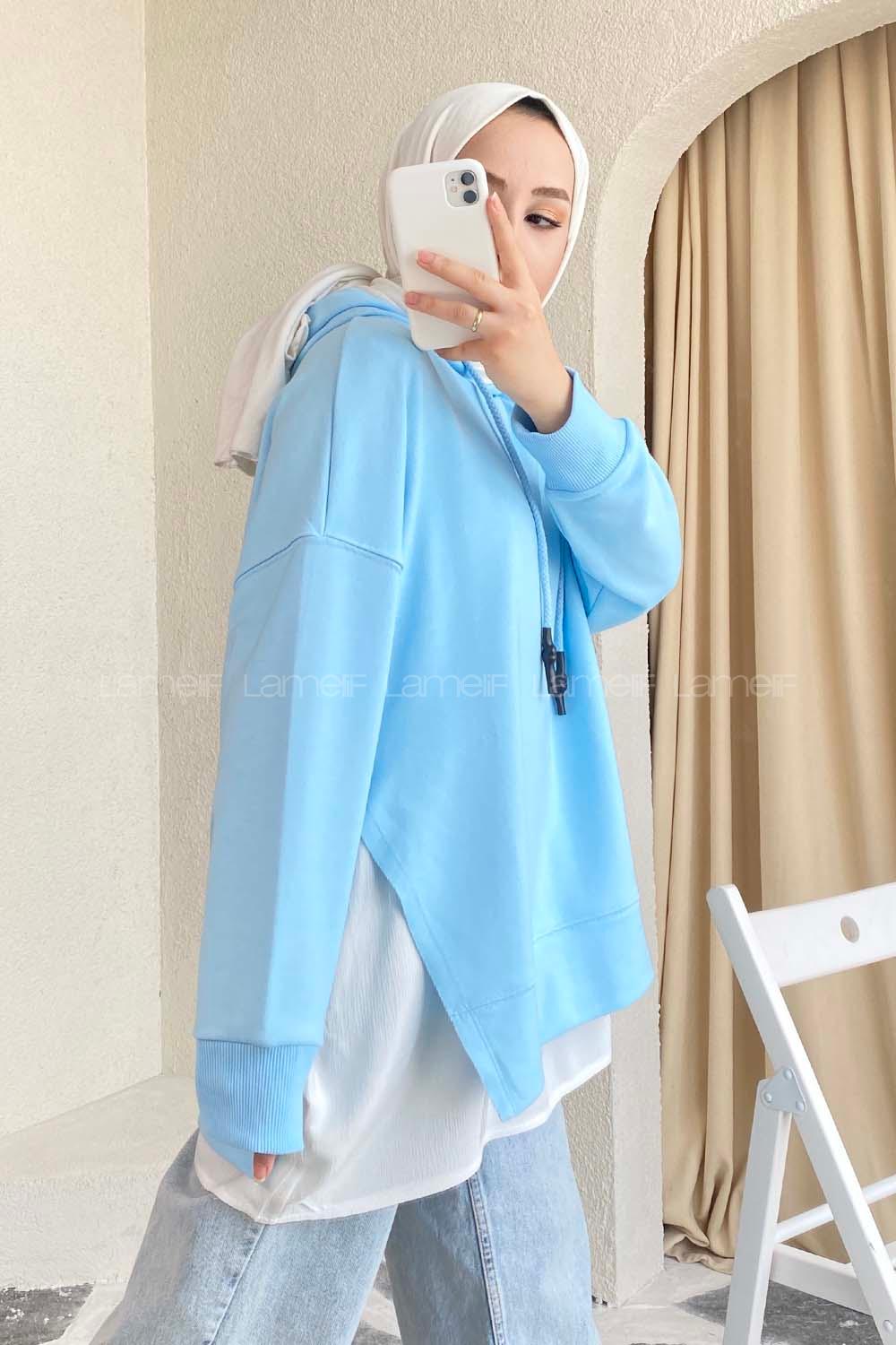 Modalamelif  Etek Ucu Garnili Kapüşon Detaylı Yırtmaçlı Anabelle Sweat Açık Mavi