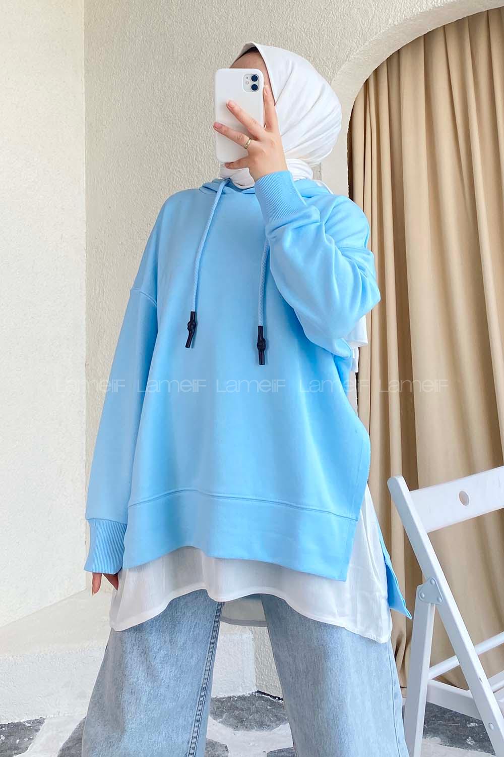 Modalamelif  Etek Ucu Garnili Kapüşon Detaylı Yırtmaçlı Anabelle Sweat Açık Mavi