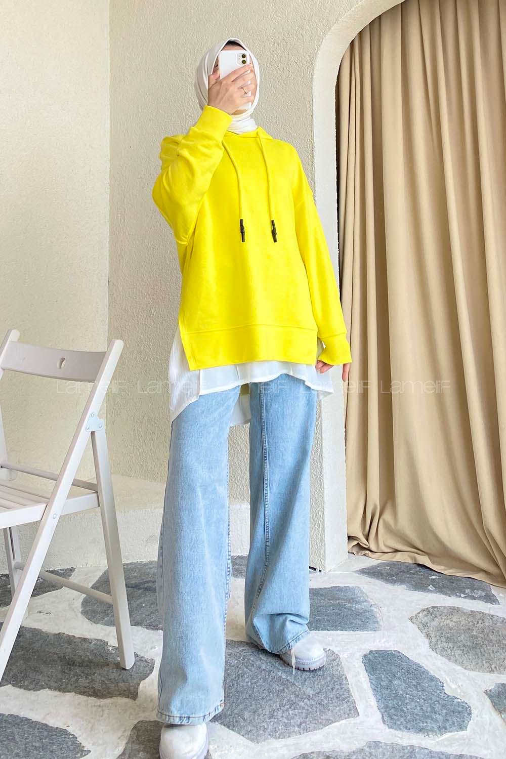 if Etek Ucu Garnili Kapüşon Detaylı Yırtmaçlı Anabelle Sweat Sarı