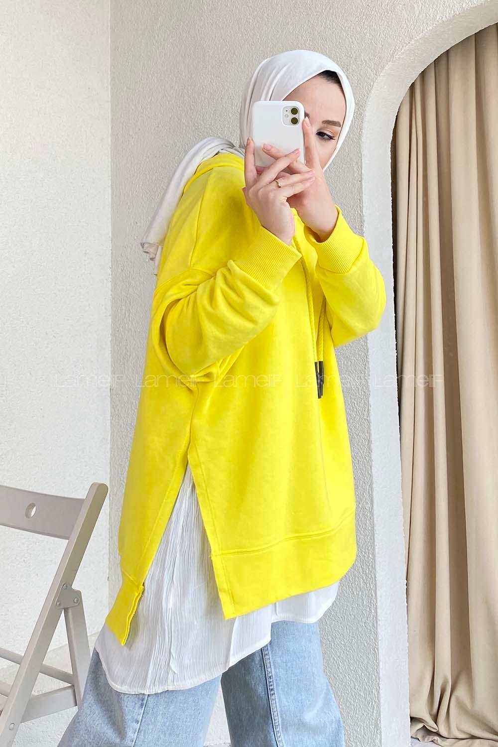 if Etek Ucu Garnili Kapüşon Detaylı Yırtmaçlı Anabelle Sweat Sarı