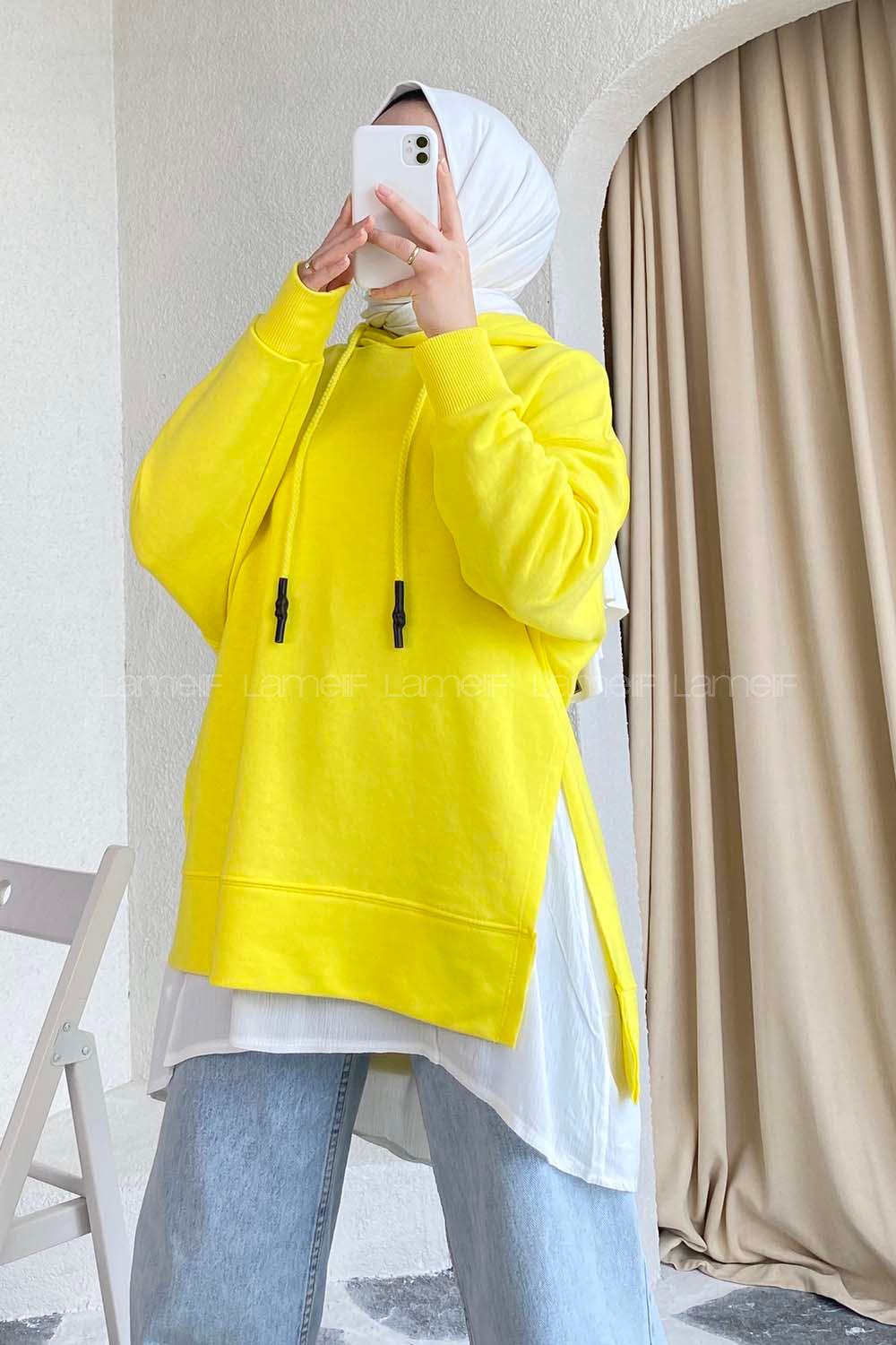 if Etek Ucu Garnili Kapüşon Detaylı Yırtmaçlı Anabelle Sweat Sarı