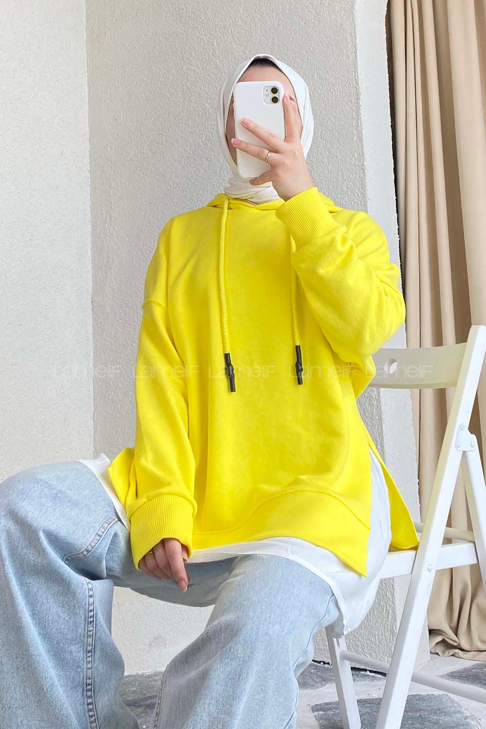 if Etek Ucu Garnili Kapüşon Detaylı Yırtmaçlı Anabelle Sweat Sarı