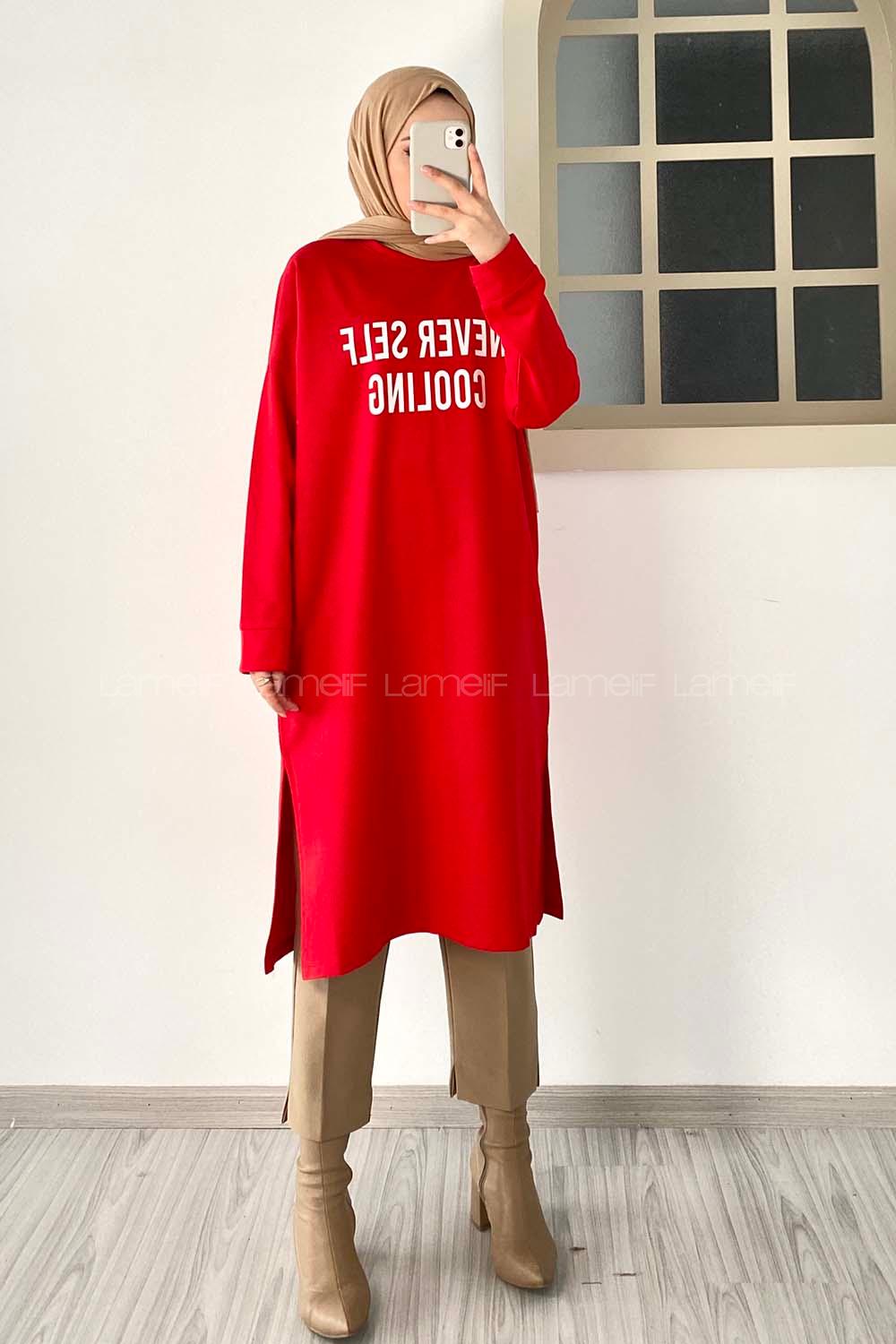 Modalamelif Never Self Coolıng Yazı Baskılı Uzun Tunik Kırmızı