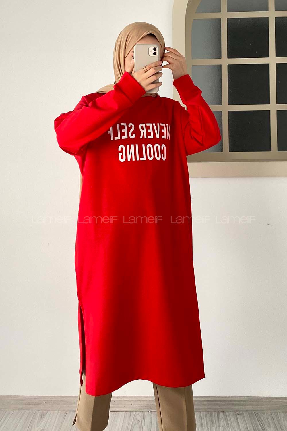 Modalamelif Never Self Coolıng Yazı Baskılı Uzun Tunik Kırmızı