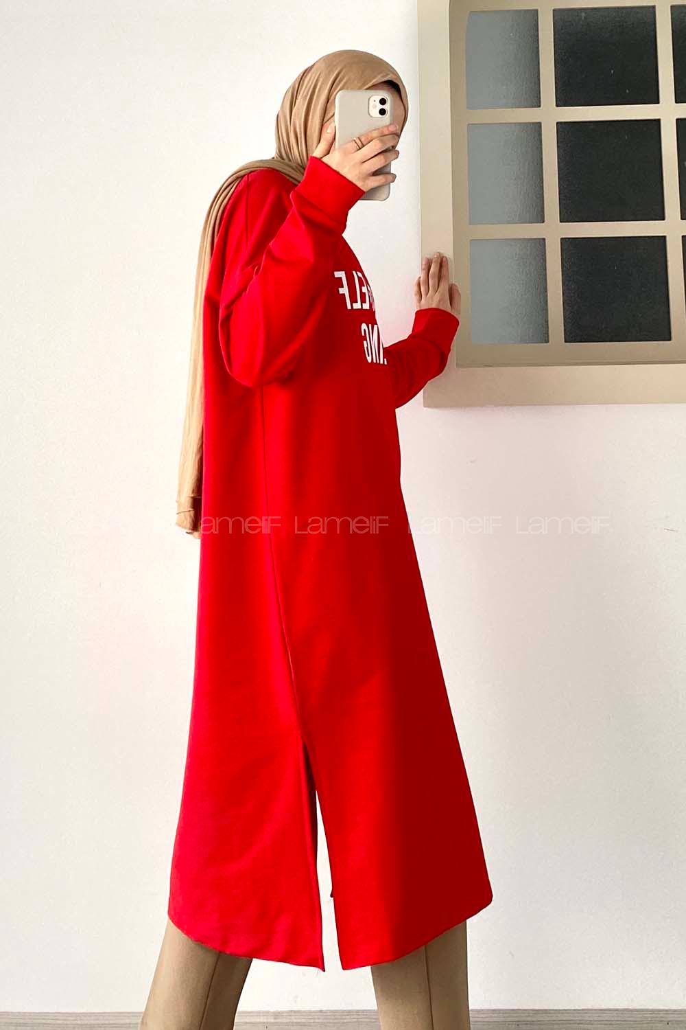 Modalamelif Never Self Coolıng Yazı Baskılı Uzun Tunik Kırmızı