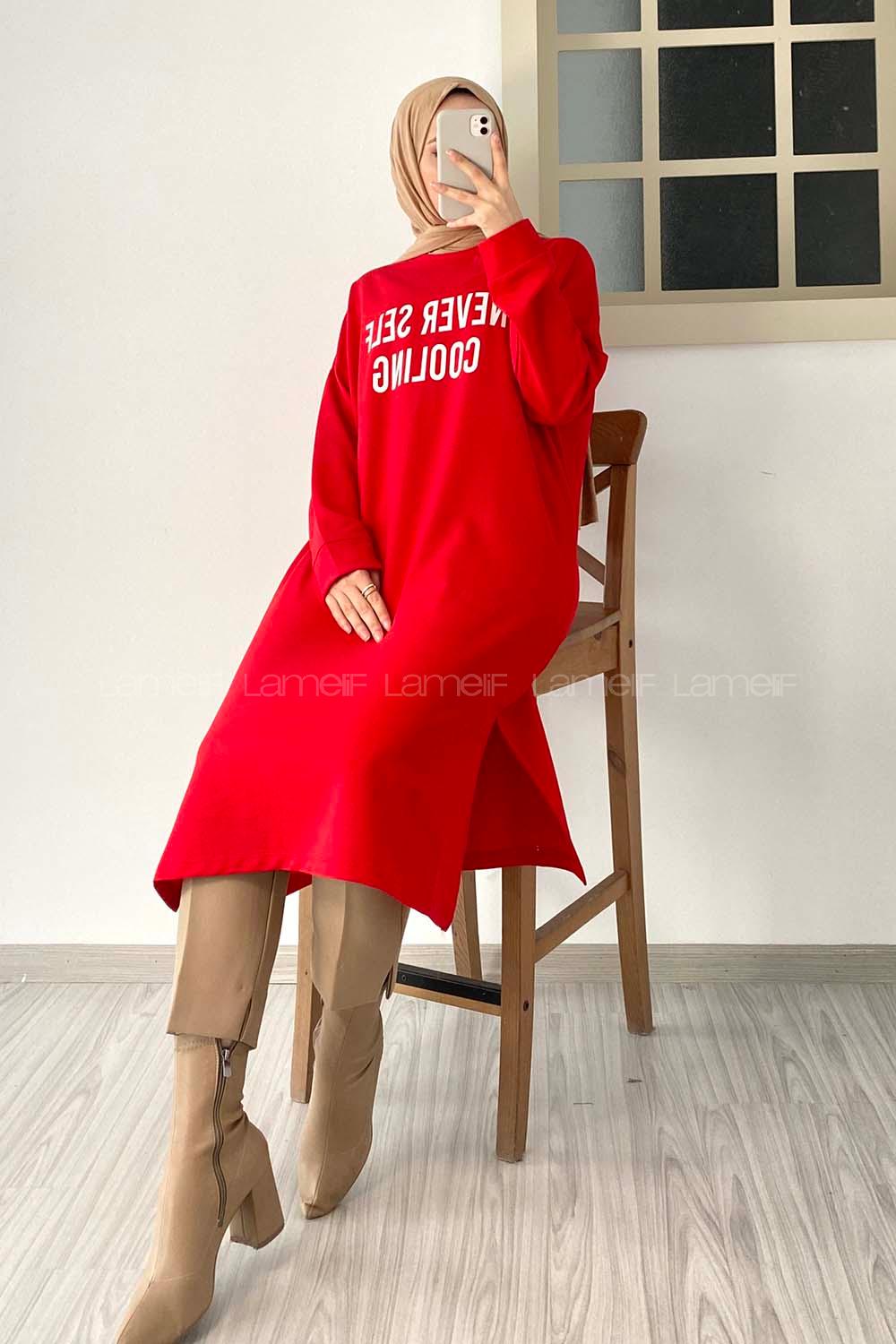 Modalamelif Never Self Coolıng Yazı Baskılı Uzun Tunik Kırmızı