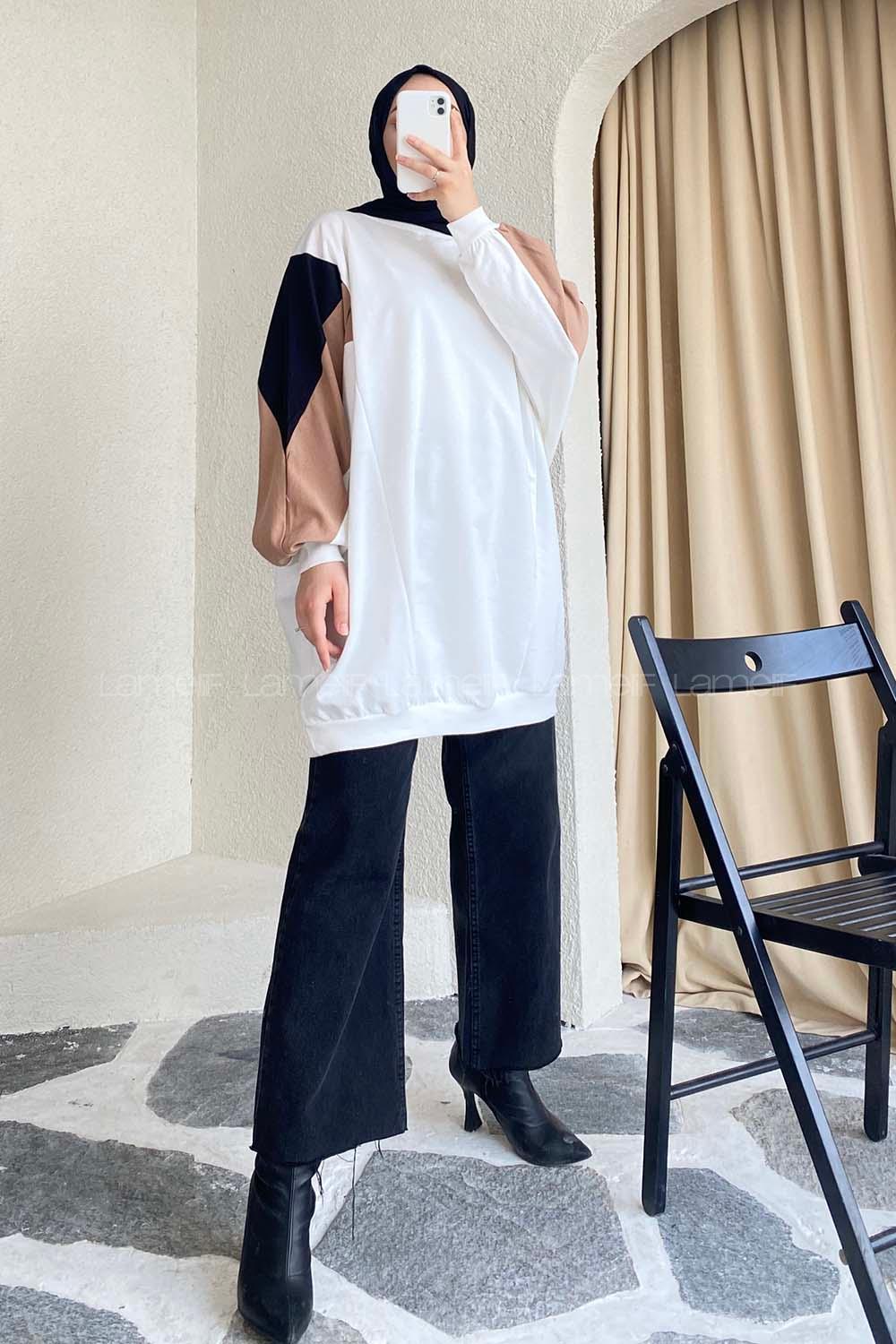 Modalamelif Yara_sa Kol Garnili Detaylı Salaş Sweat Ekru