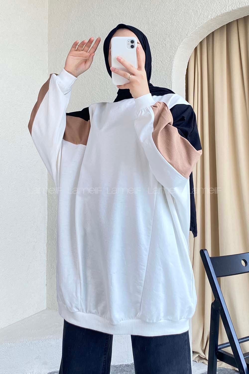 Modalamelif Yara_sa Kol Garnili Detaylı Salaş Sweat Ekru