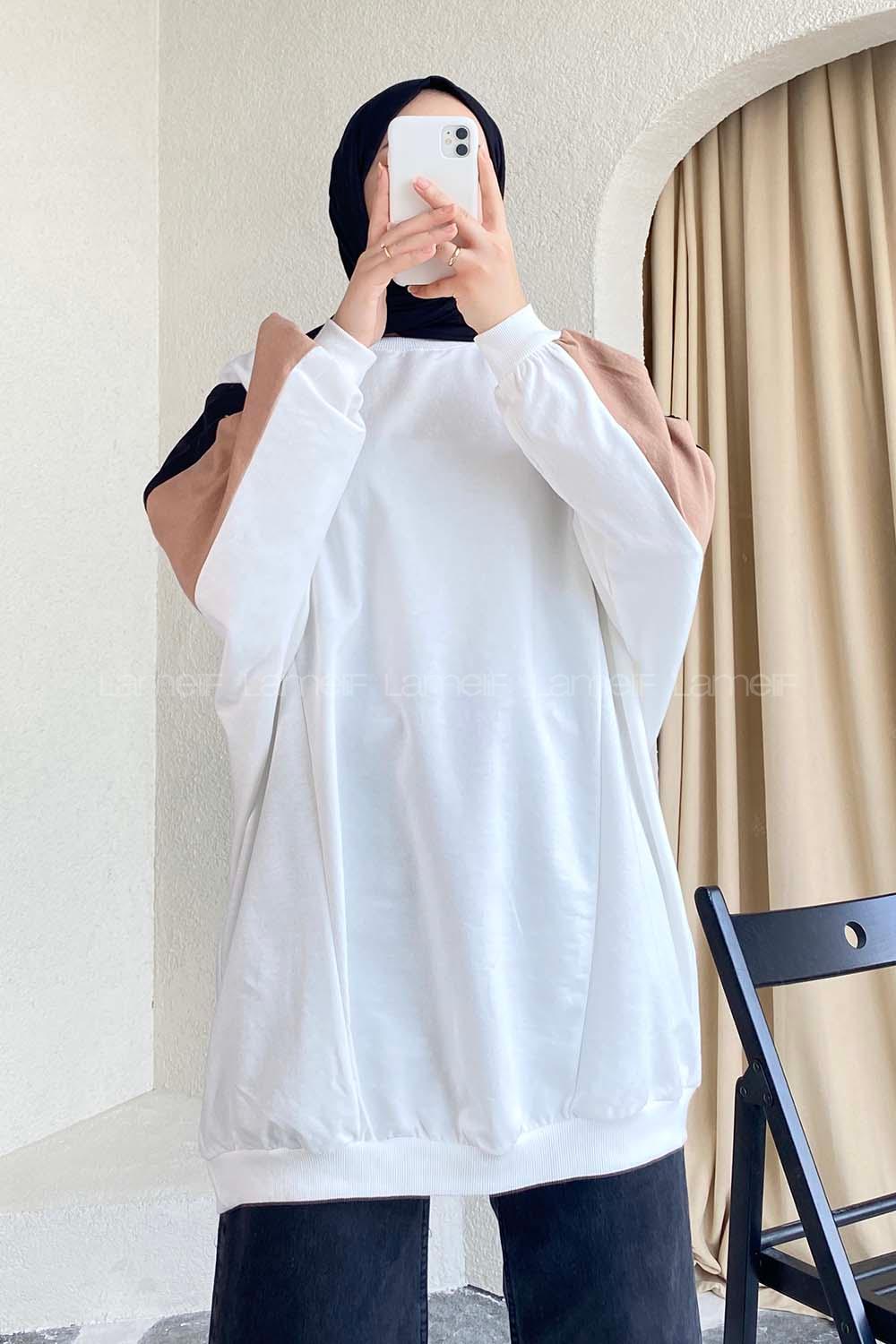 Modalamelif Yara_sa Kol Garnili Detaylı Salaş Sweat Ekru