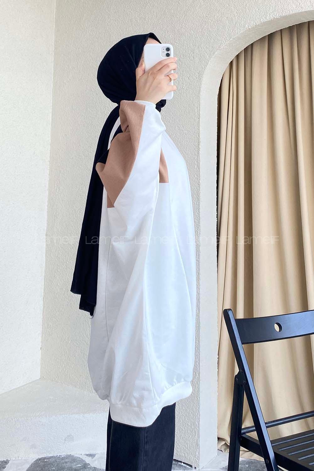 Modalamelif Yara_sa Kol Garnili Detaylı Salaş Sweat Ekru