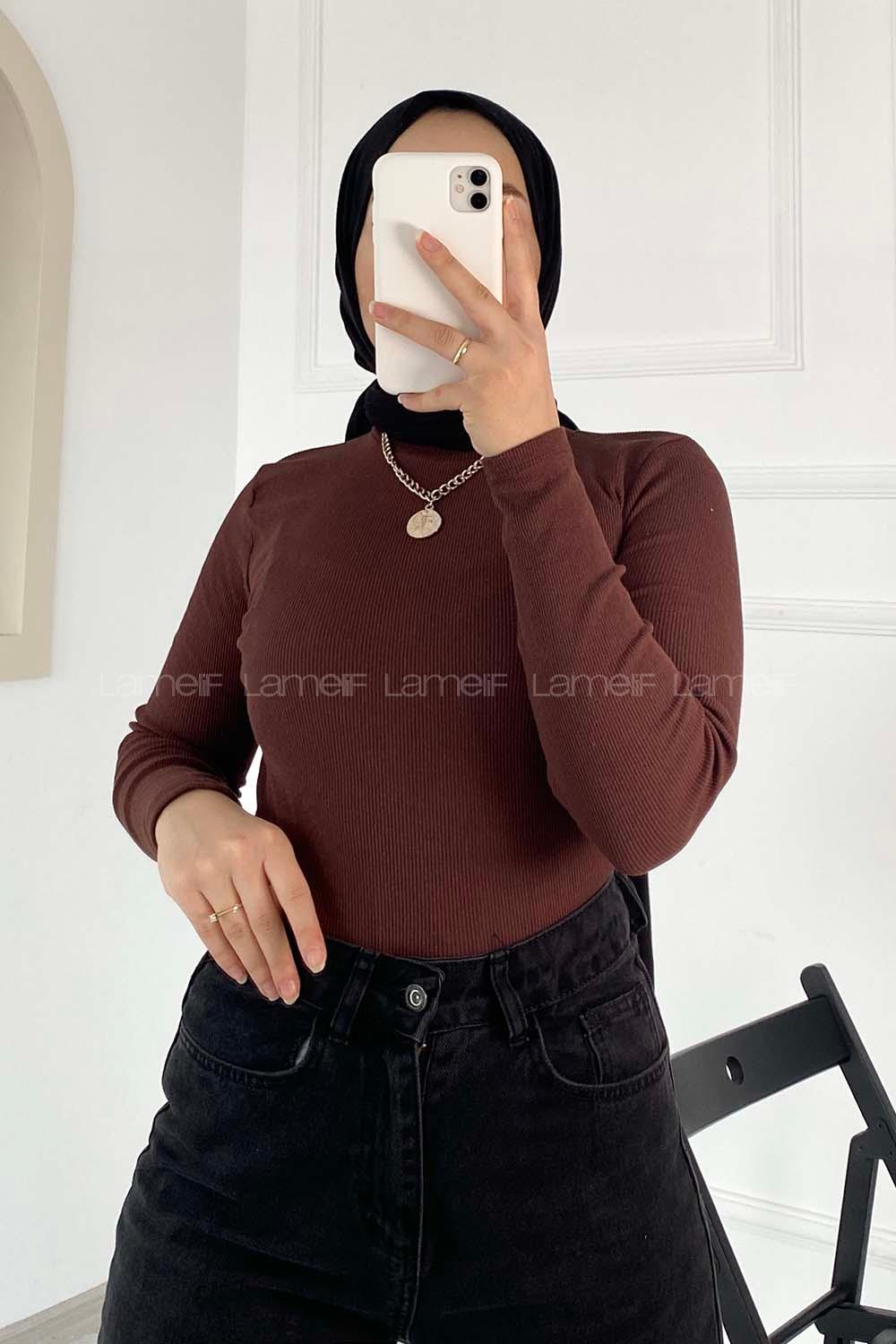 Lamelif Bisiklet Yaka Kaşkorse Body Acı kahve