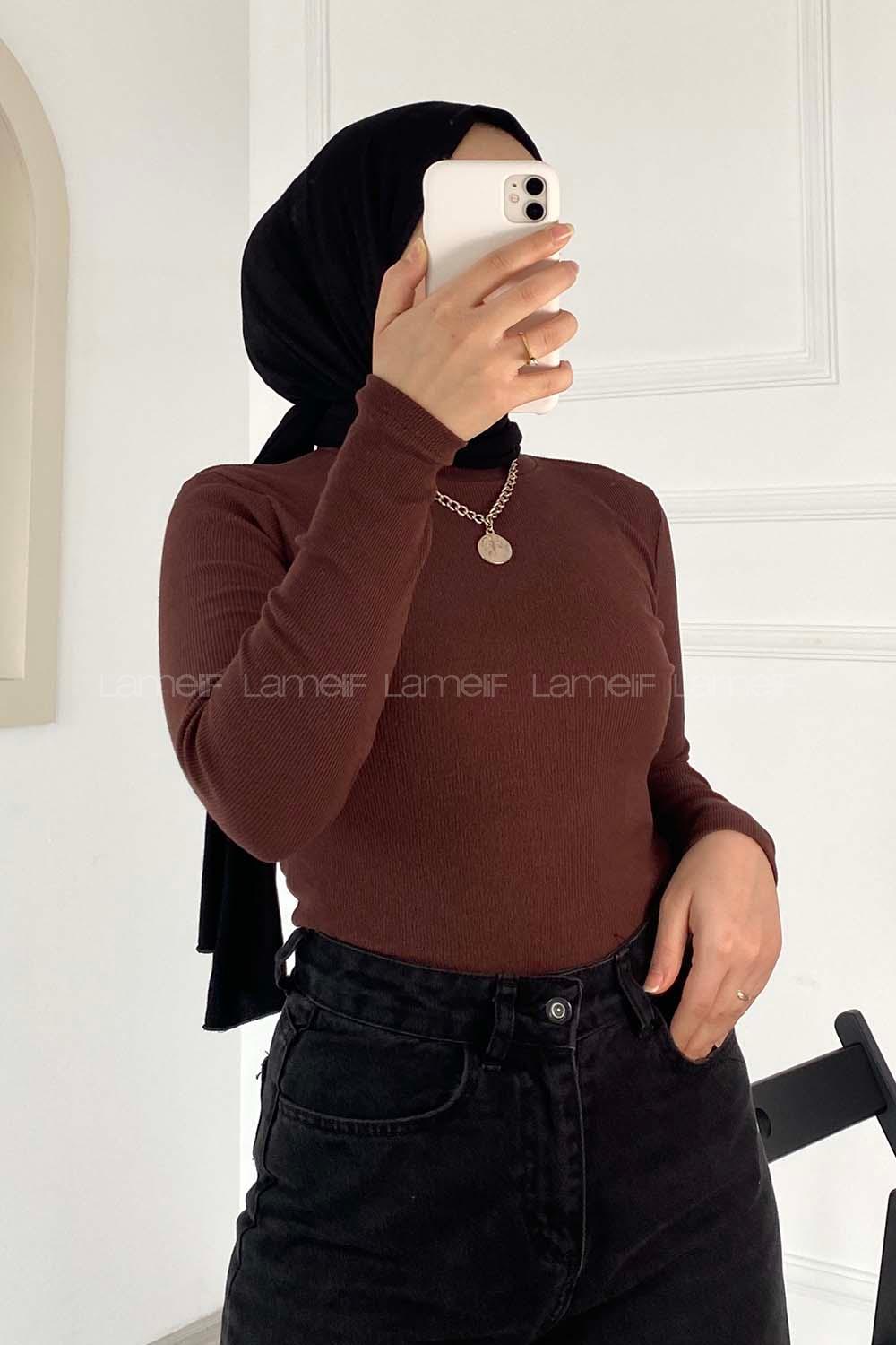 Lamelif Bisiklet Yaka Kaşkorse Body Acı kahve