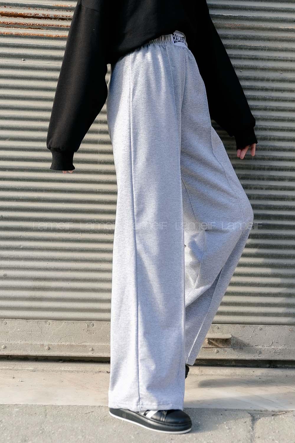 Gray Elastic Trousers Elastic Waist Regular Cut Bottom Tracksuit