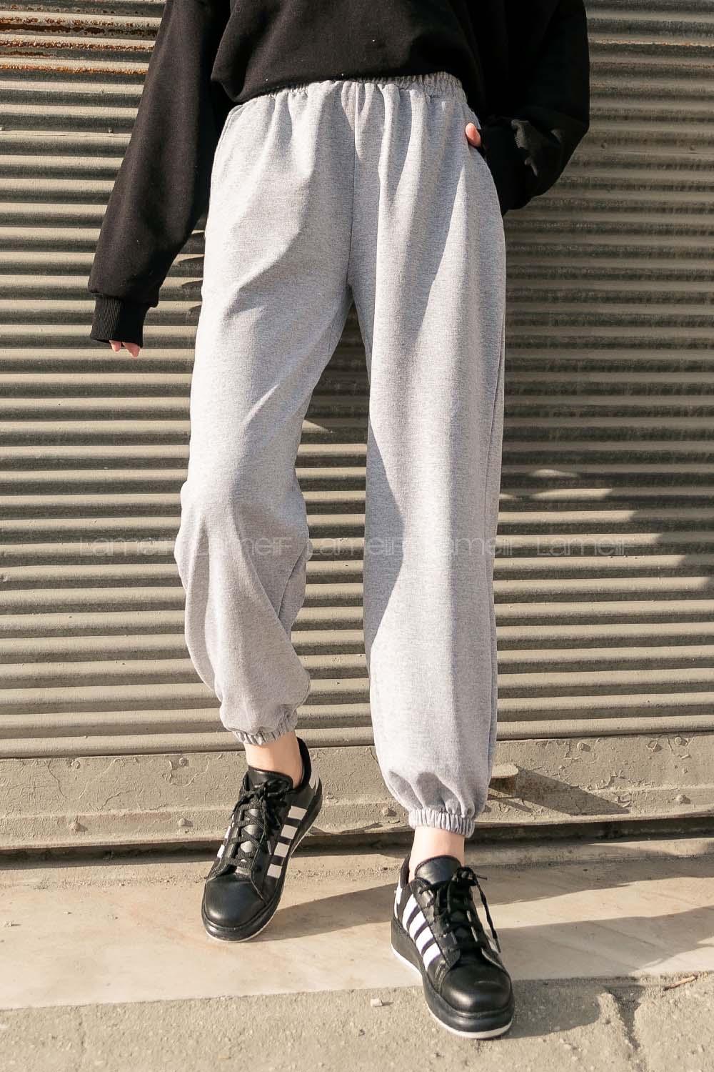 Gray Elastic Trousers Elastic Waist Regular Cut Bottom Tracksuit