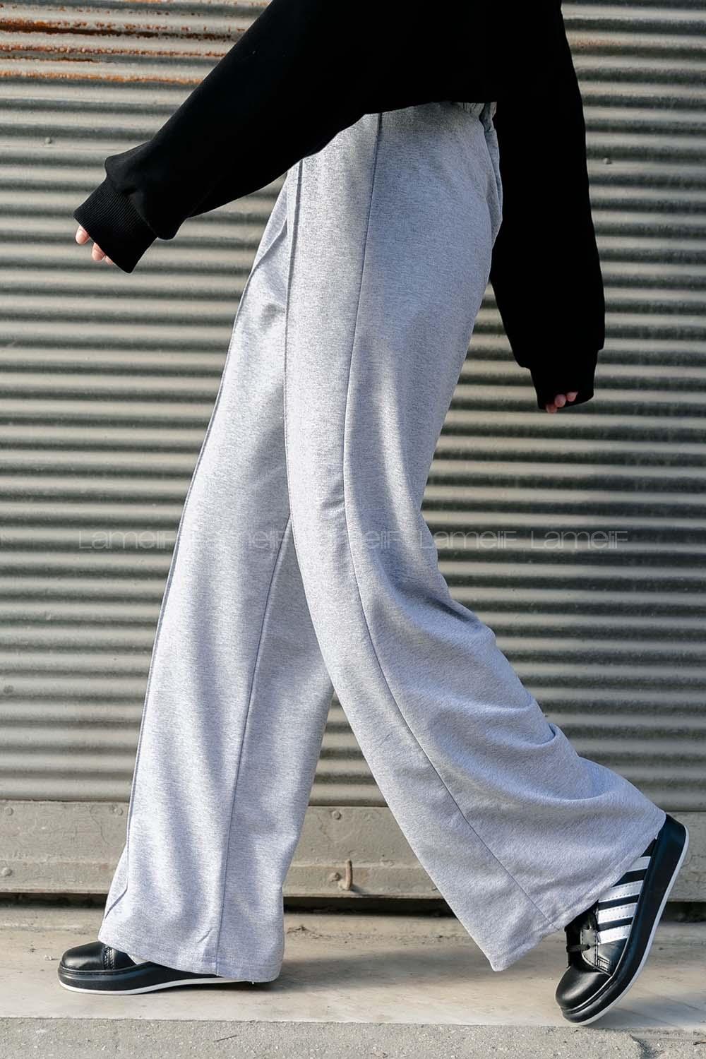 Gray Elastic Trousers Elastic Waist Regular Cut Bottom Tracksuit
