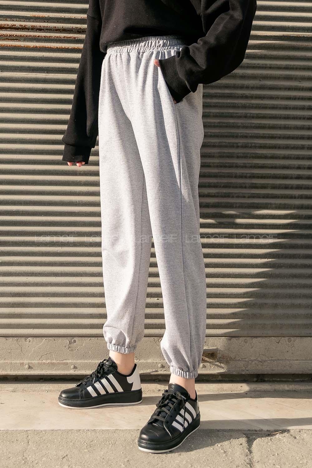 Gray Elastic Trousers Elastic Waist Regular Cut Bottom Tracksuit