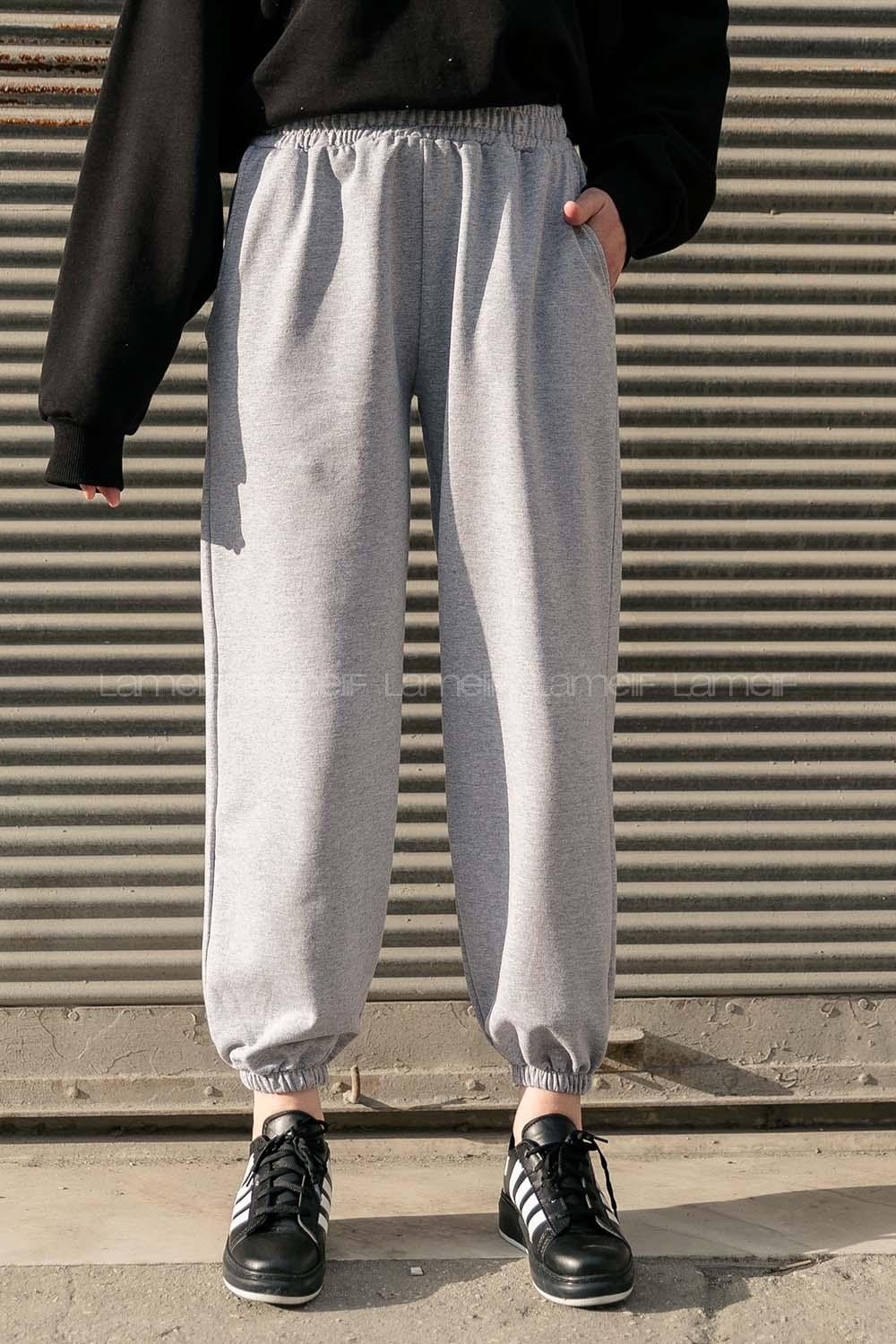 Gray Elastic Trousers Elastic Waist Regular Cut Bottom Tracksuit
