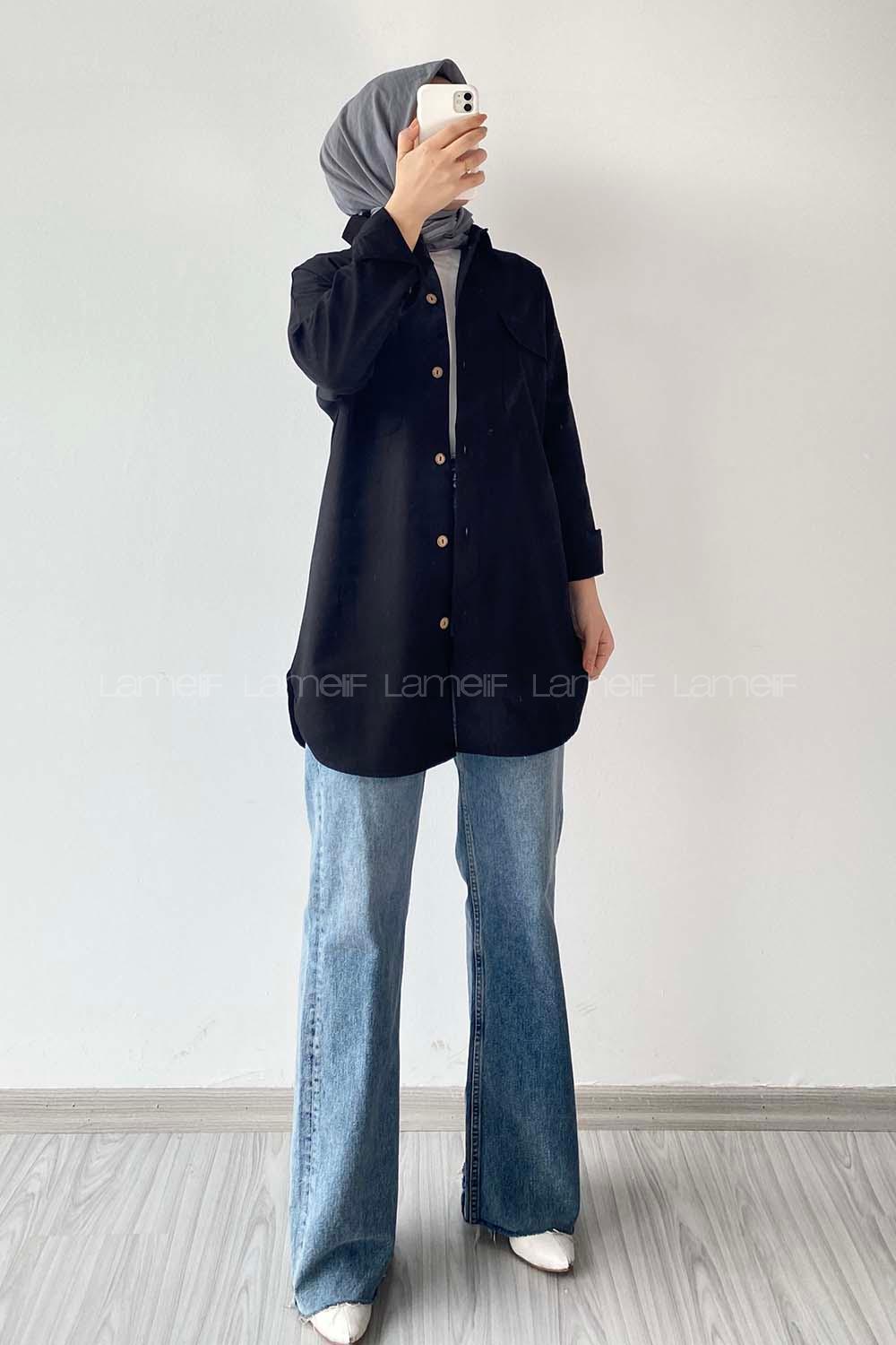 Modalamelif Kapak Cepli Oversize Gömlek Siyah
