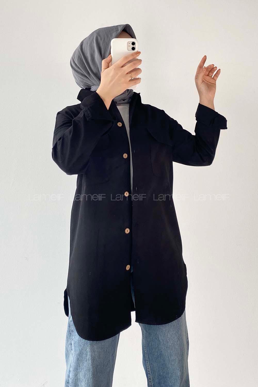 Modalamelif Kapak Cepli Oversize Gömlek Siyah