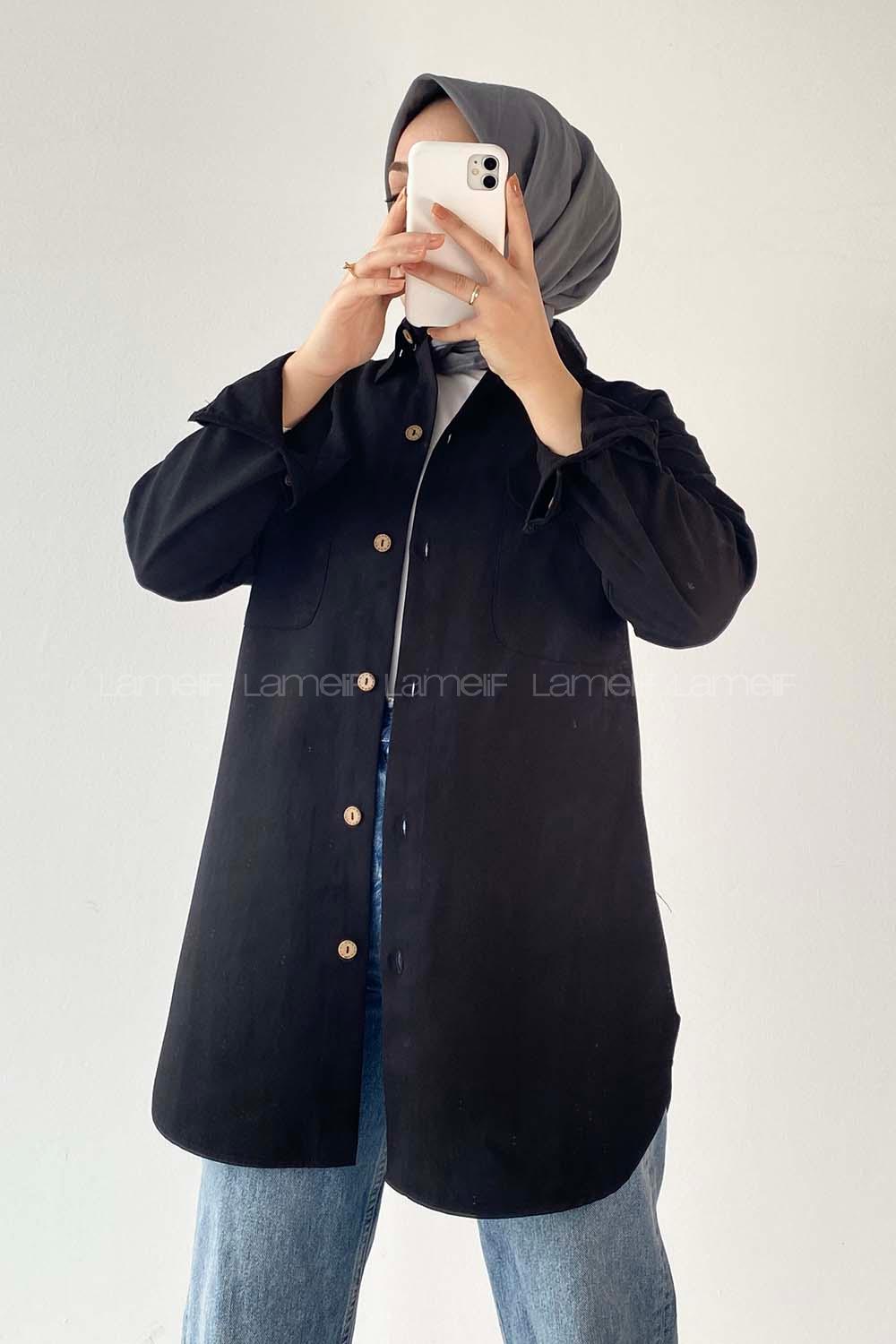 Modalamelif Kapak Cepli Oversize Gömlek Siyah