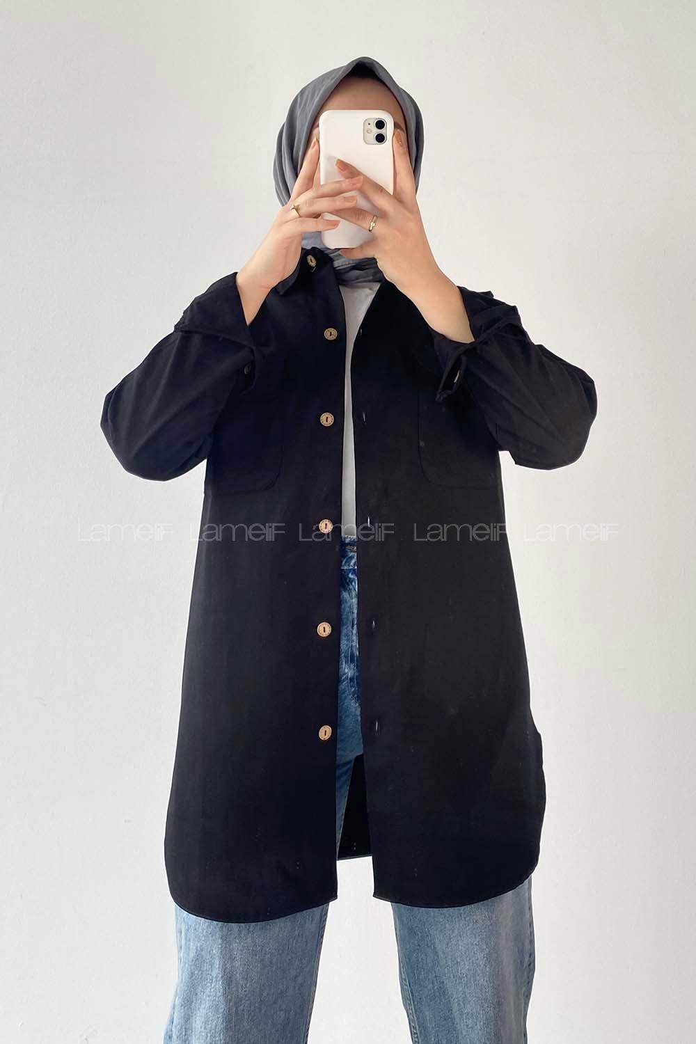Modalamelif Kapak Cepli Oversize Gömlek Siyah