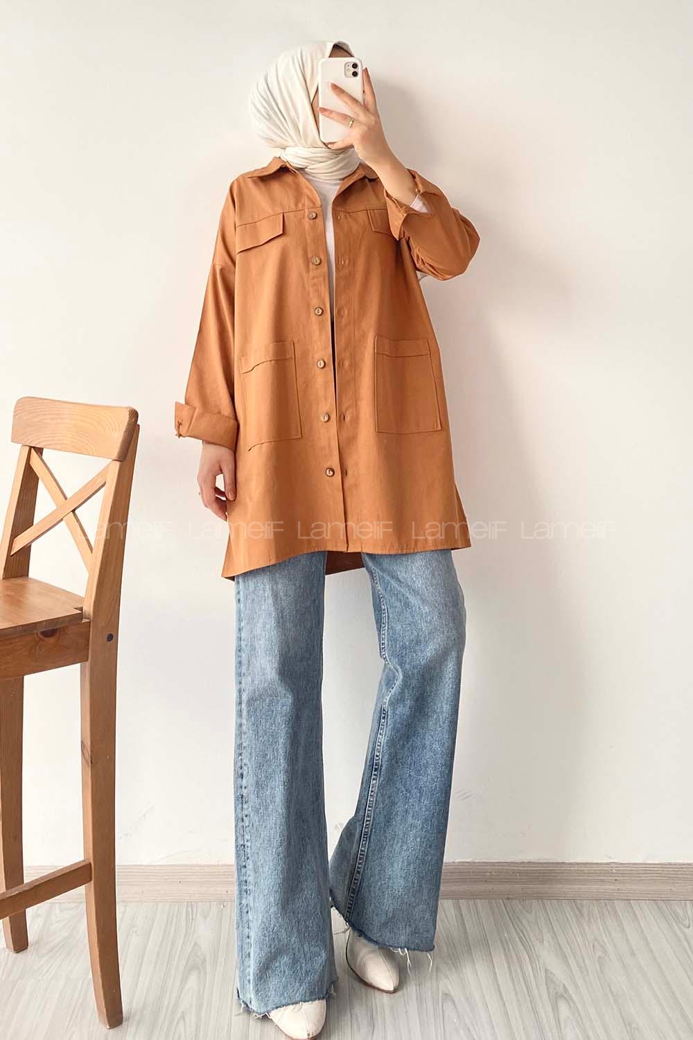 Modalamelif  Körük Cepli Oversize Gömlek Taba