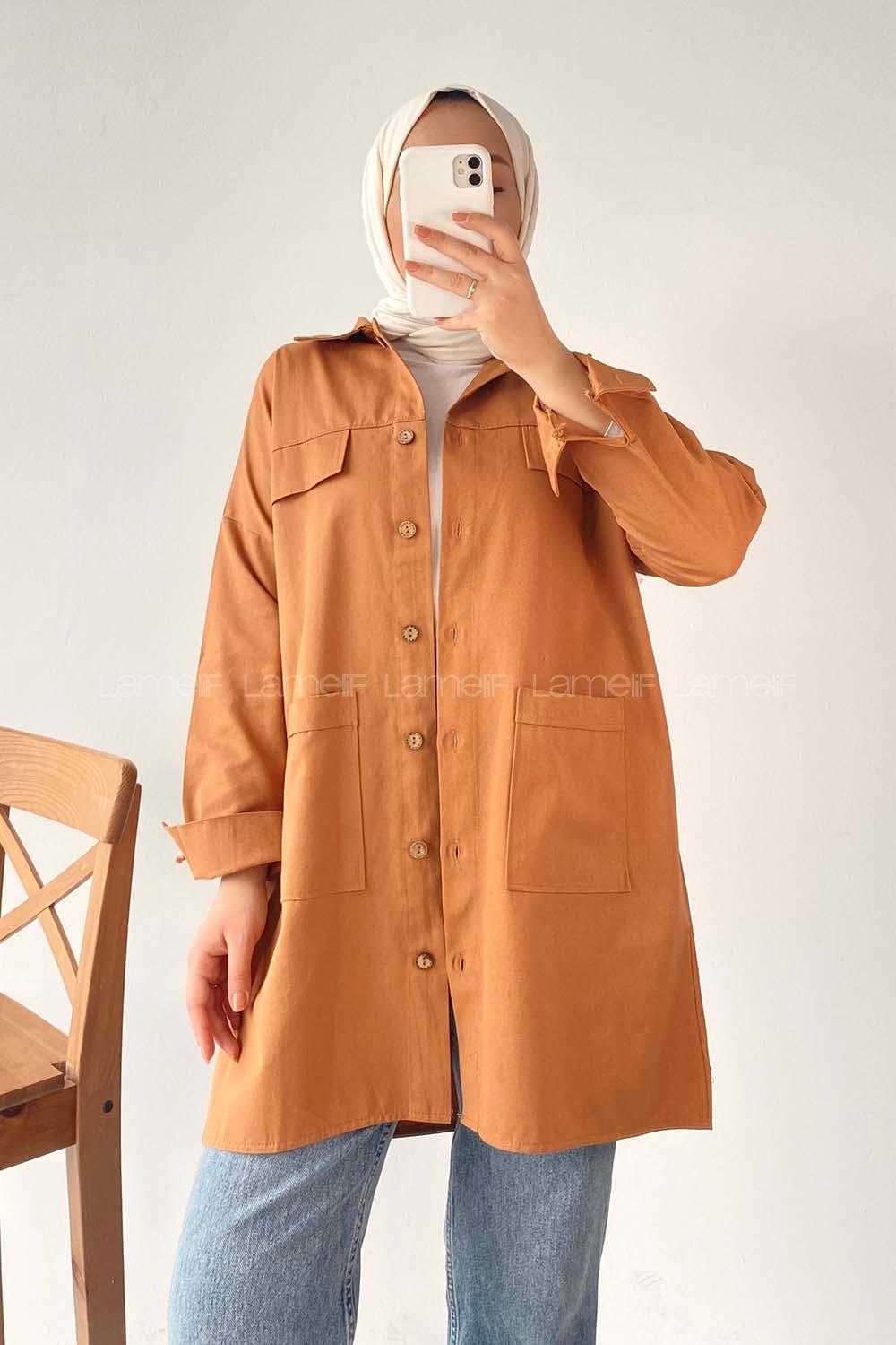 Modalamelif  Körük Cepli Oversize Gömlek Taba