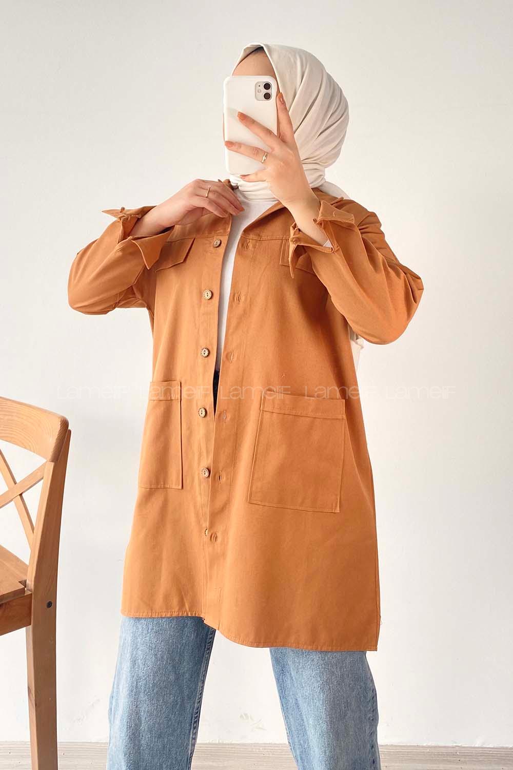 Modalamelif  Körük Cepli Oversize Gömlek Taba