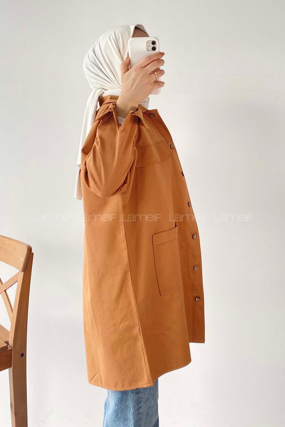 Modalamelif  Körük Cepli Oversize Gömlek Taba