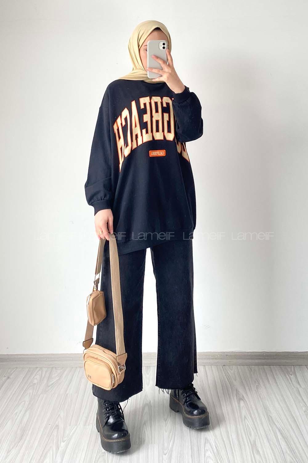 Modalamelif Bisiklet Yaka LONGBEACH  Yazı Baskılı Sweat Siyah