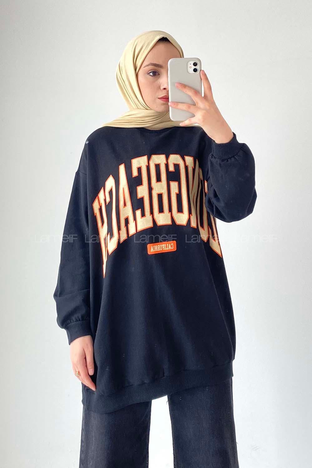 Modalamelif Bisiklet Yaka LONGBEACH  Yazı Baskılı Sweat Siyah