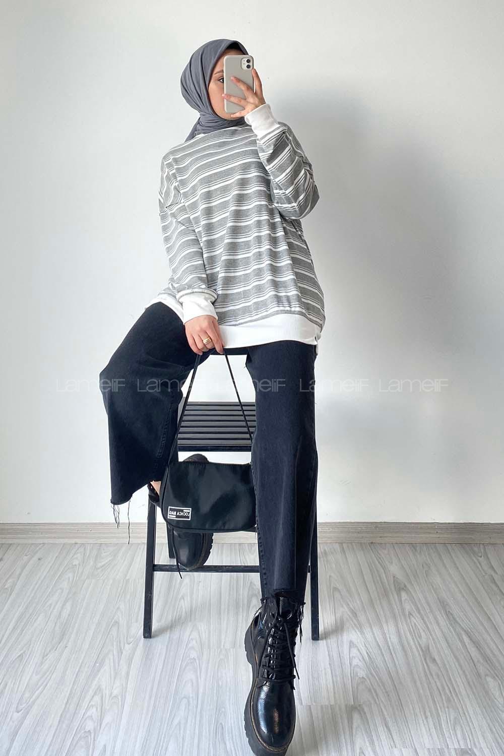 Modalamelif Çizgi Şeritli Desen Bisiklet Yaka Sweat Gri