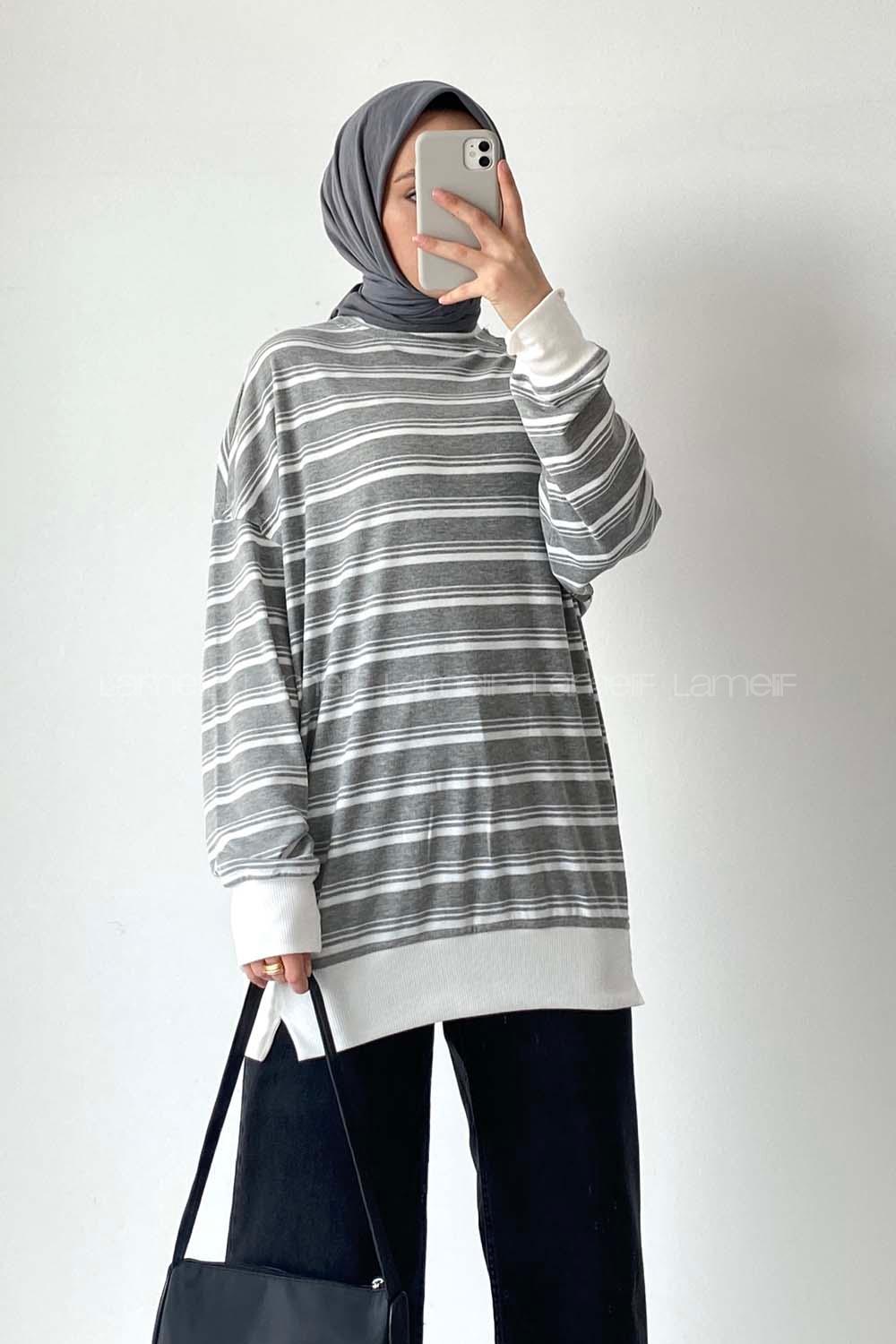 Modalamelif Çizgi Şeritli Desen Bisiklet Yaka Sweat Gri