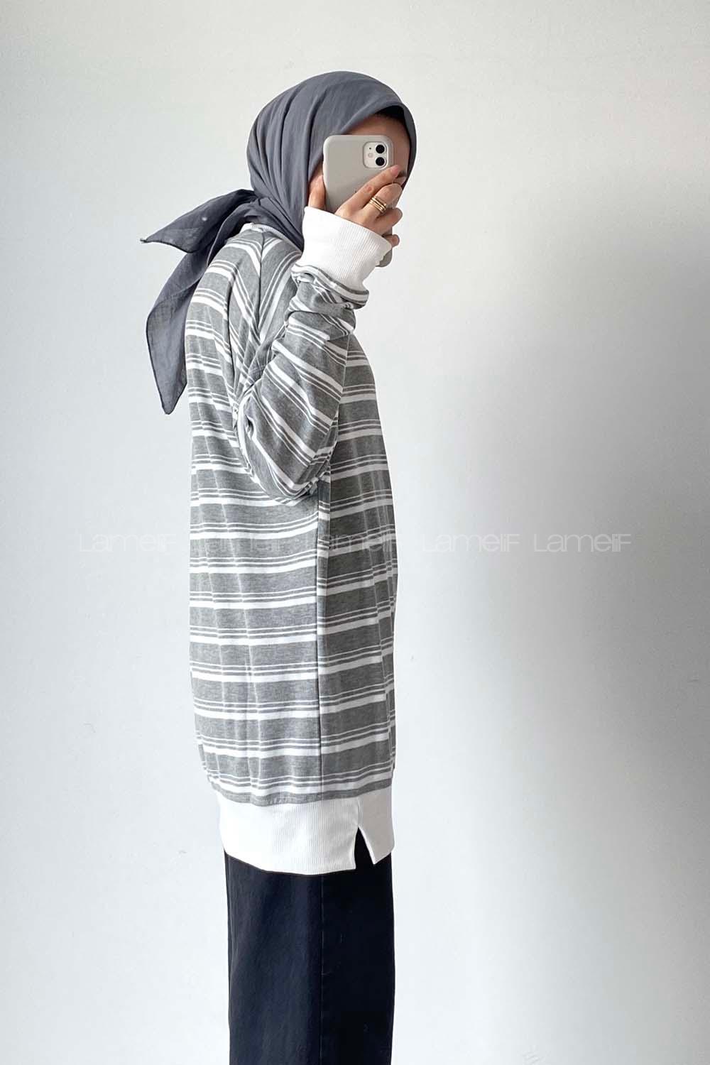 Modalamelif Çizgi Şeritli Desen Bisiklet Yaka Sweat Gri