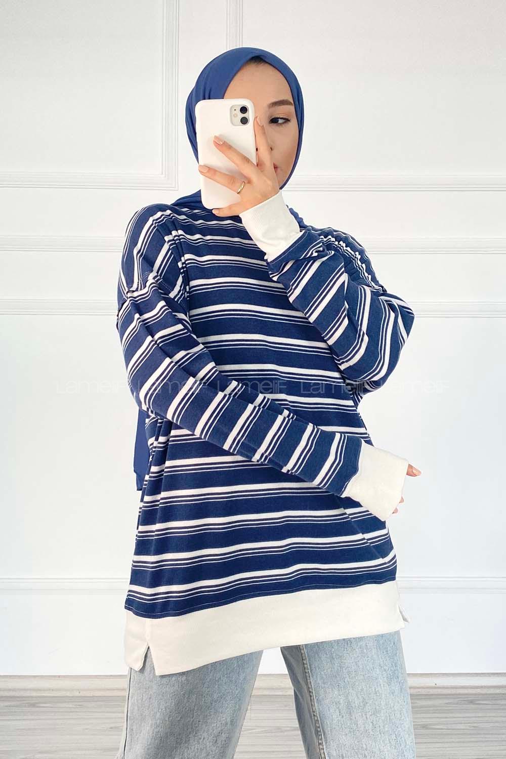 Modalamelif Çizgi Şeritli Desen Bisiklet Yaka Sweat Lacivert