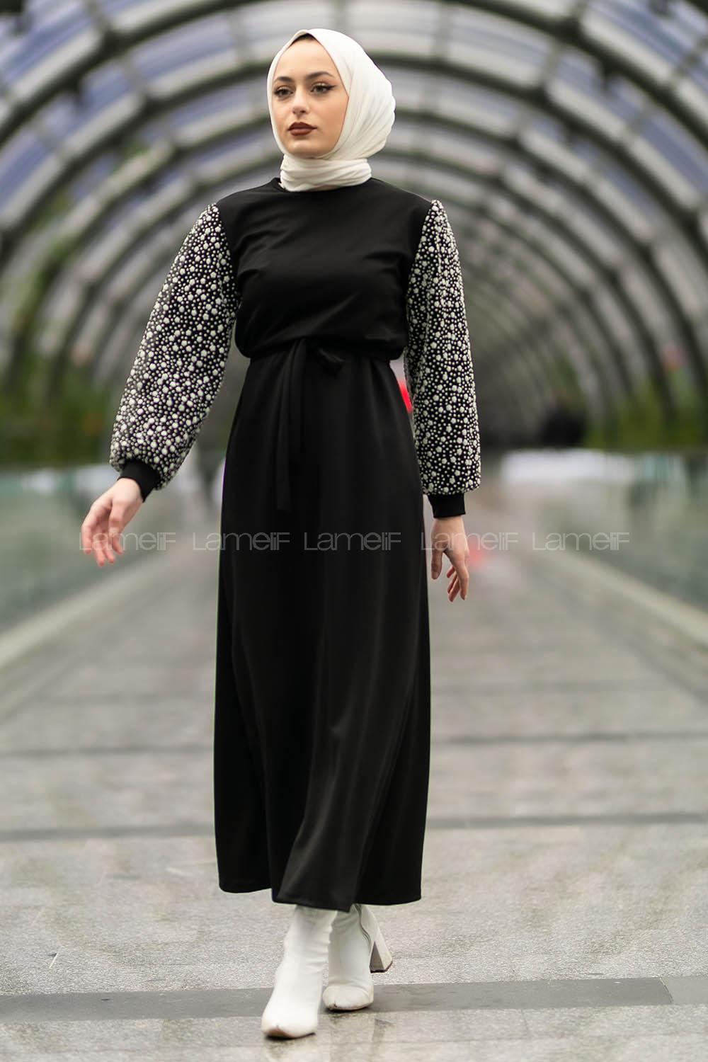 Modalamelif Kol Tül Sim Detaylı Kuşaklı  Elbise Siyah