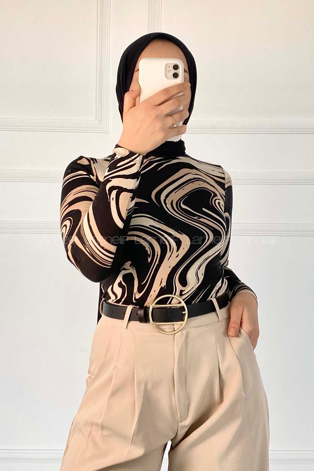 Lamelif Soyut Desen Body Siyah-Bej