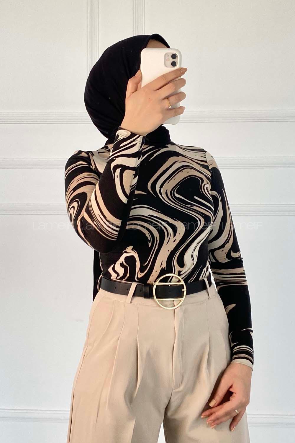 Lamelif Soyut Desen Body Siyah-Bej
