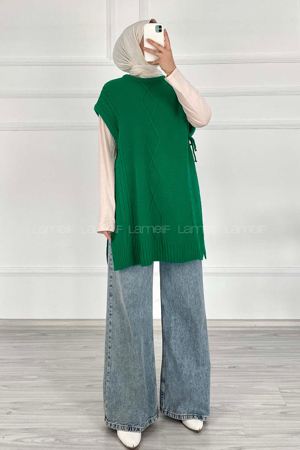 Green Shirt Collar Sleeveless Arm Without Accessories Combed Fabric Unprinted Vest