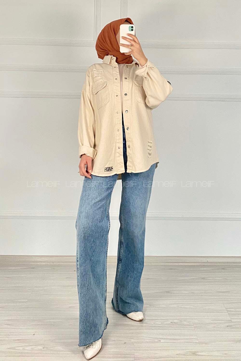 Modalamelif Önü Çıtçıt  Düğmeli Armalı Kot Ceket Taş Rengi