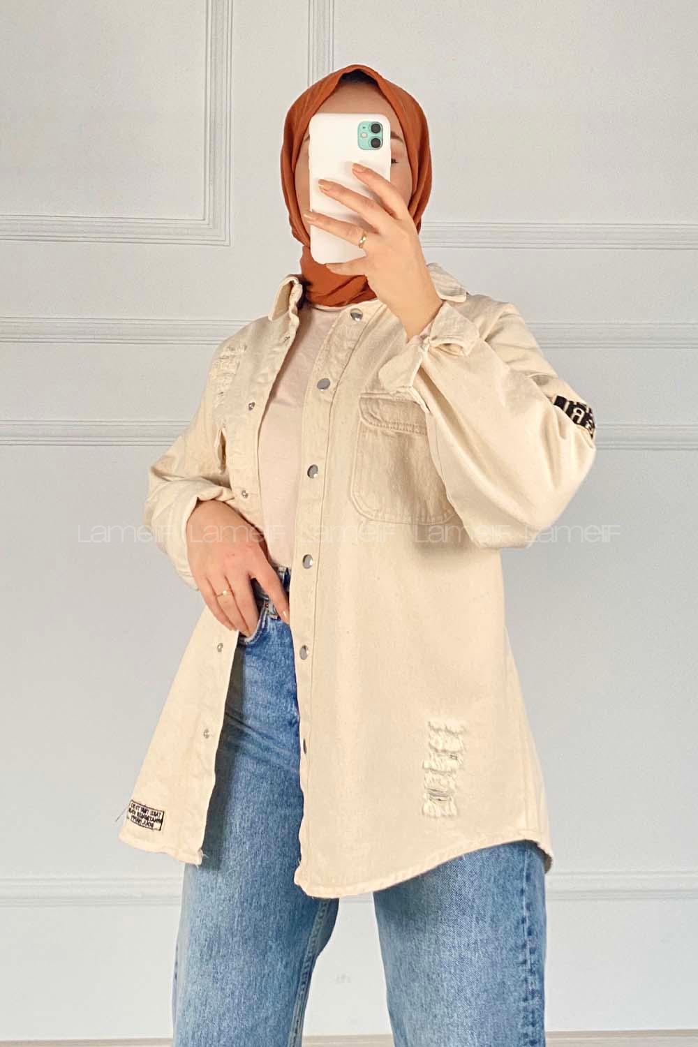 Modalamelif Önü Çıtçıt  Düğmeli Armalı Kot Ceket Taş Rengi