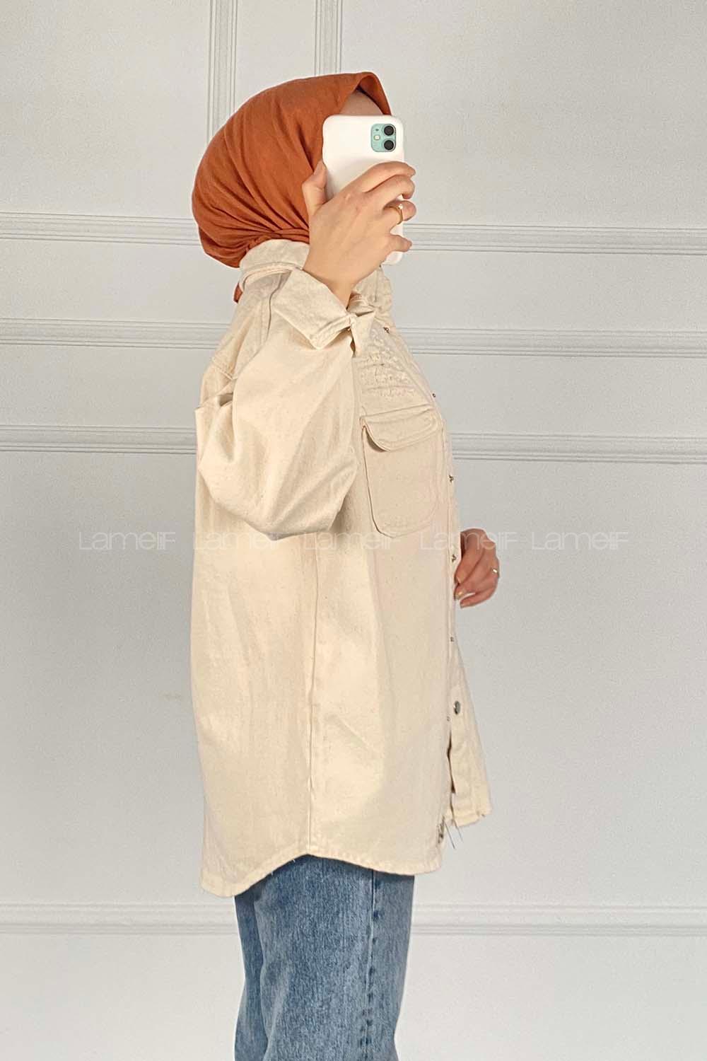 Modalamelif Önü Çıtçıt  Düğmeli Armalı Kot Ceket Taş Rengi