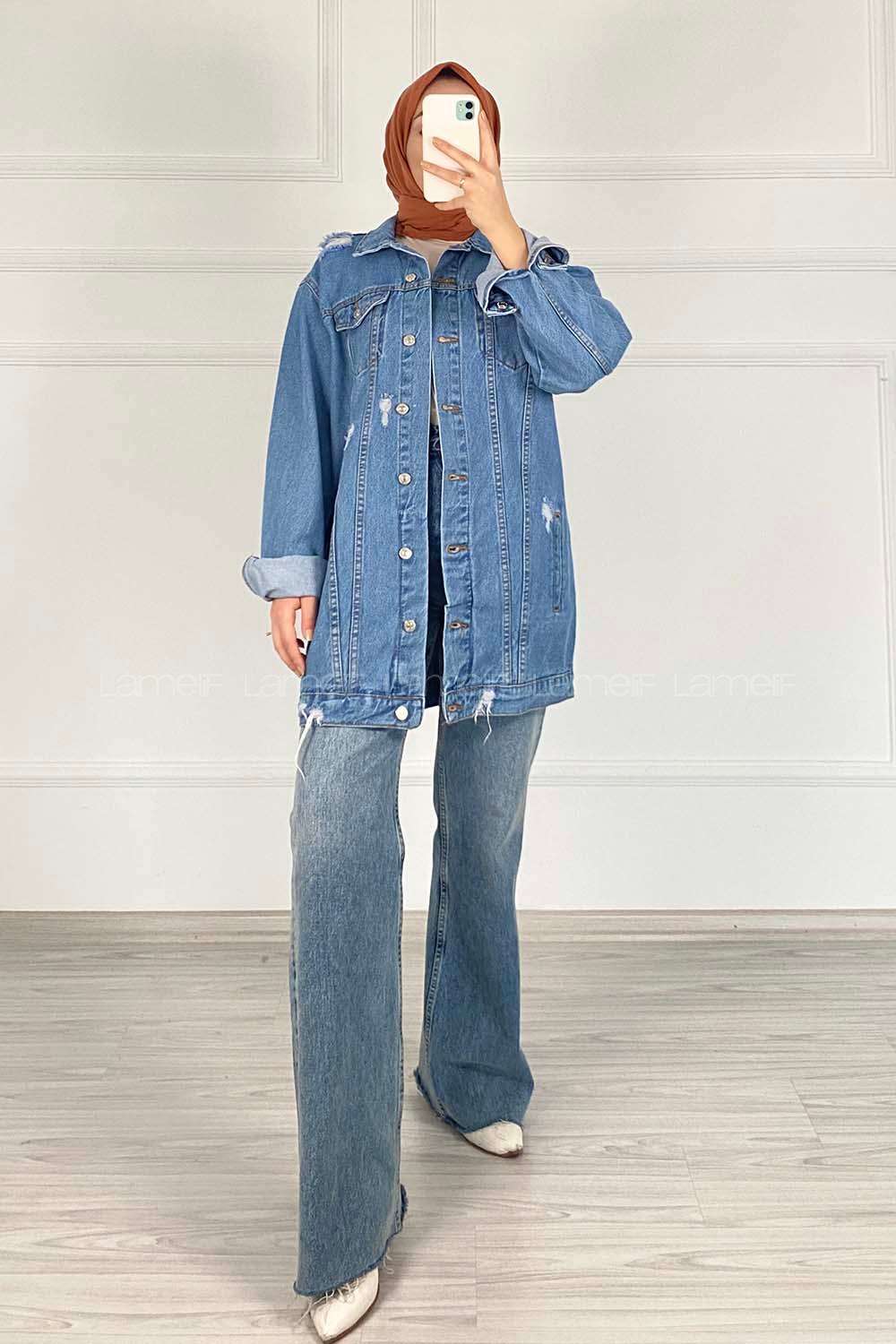 Modalamelif Yırtık Model Kot Ceket Açık Mavi